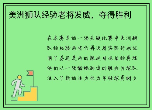 美洲狮队经验老将发威，夺得胜利