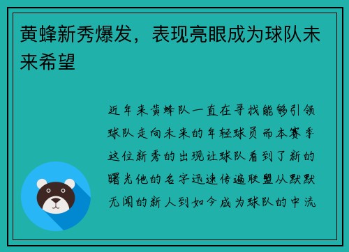 黄蜂新秀爆发，表现亮眼成为球队未来希望