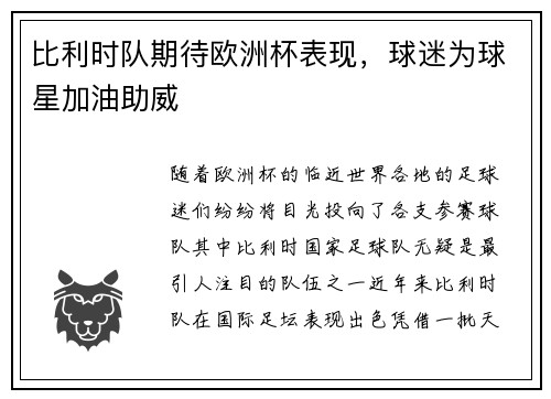 比利时队期待欧洲杯表现，球迷为球星加油助威