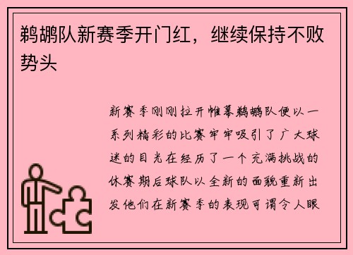 鹈鹕队新赛季开门红，继续保持不败势头